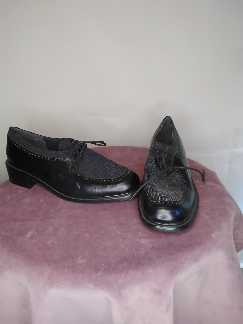 Stuart Weitzman Black Loafers with Gray Fabric Panels